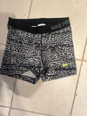 Nike Black & White Animal Print Compression Shorts with Neon Yellow Swoosh